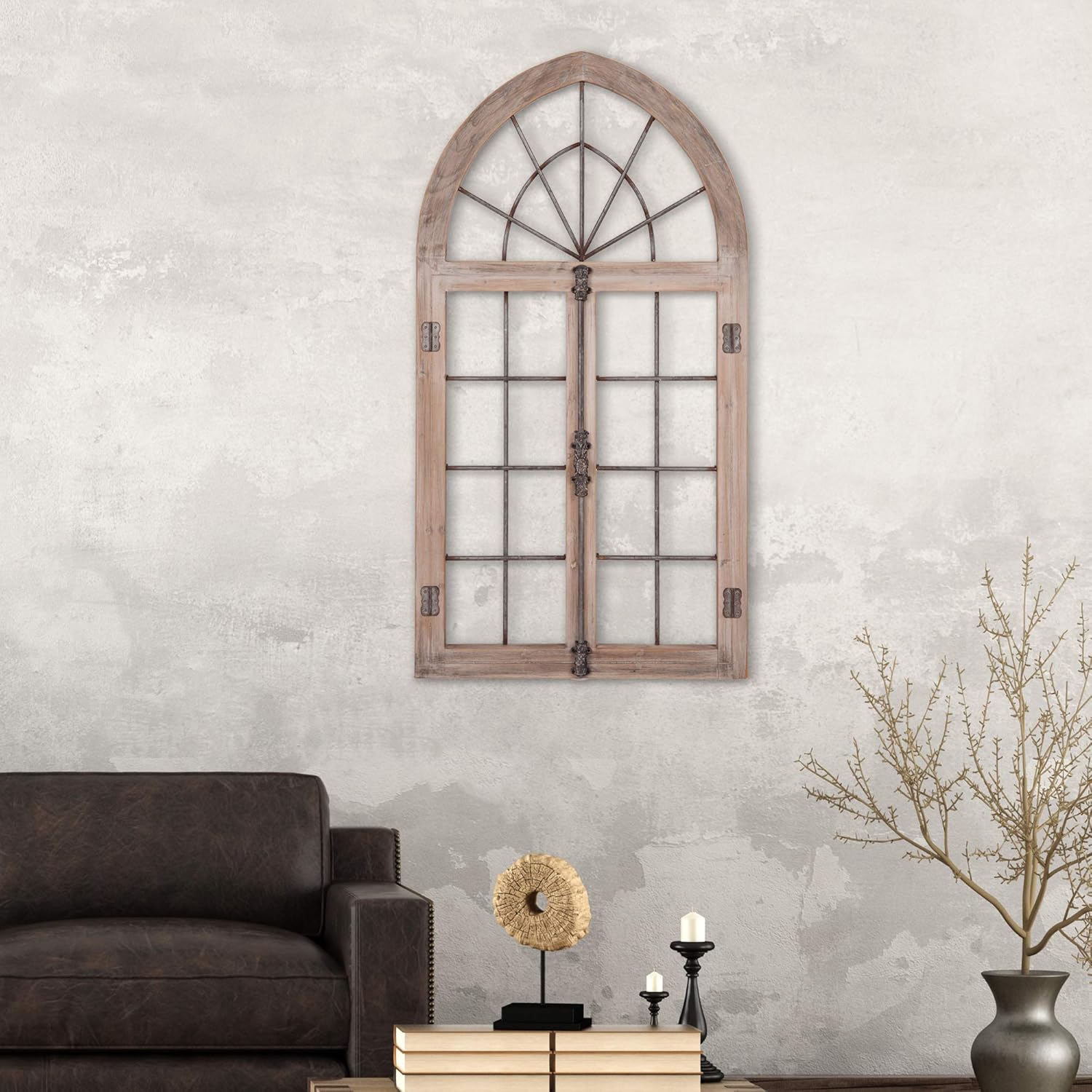 Distressed Gray Arched Cathedral Window Frame Wall Décor T9341