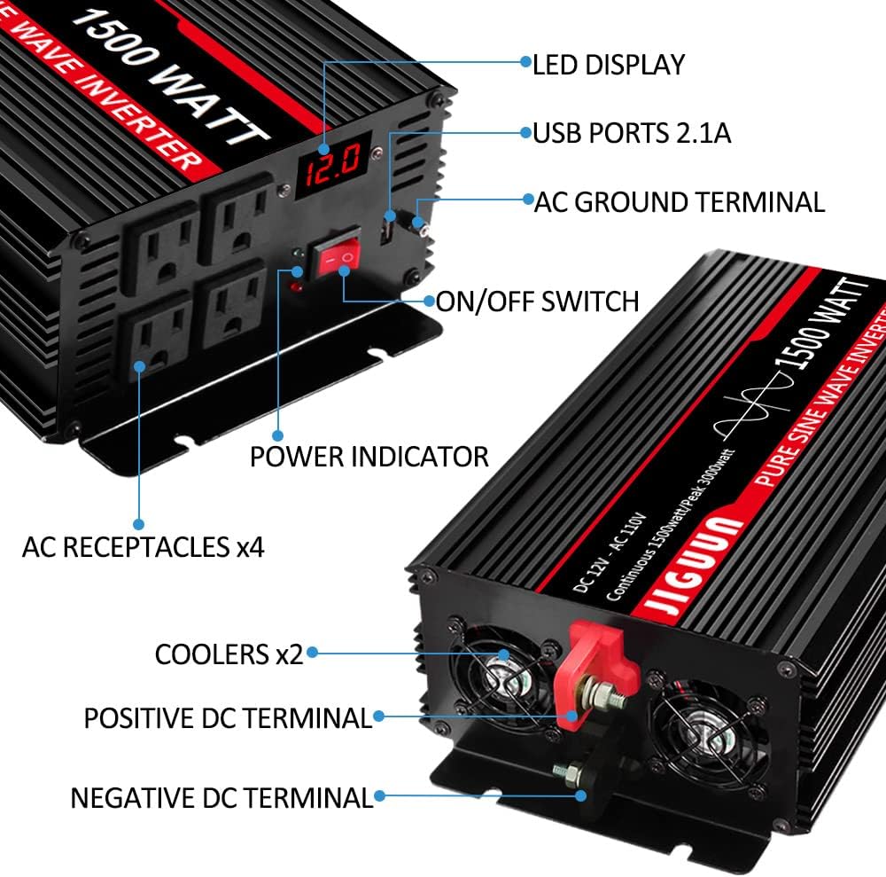 3000 Watt Pure Sine Wave Power Inverter 12V DC to 110V AC with 4 AC Outlets and USB Port B3917