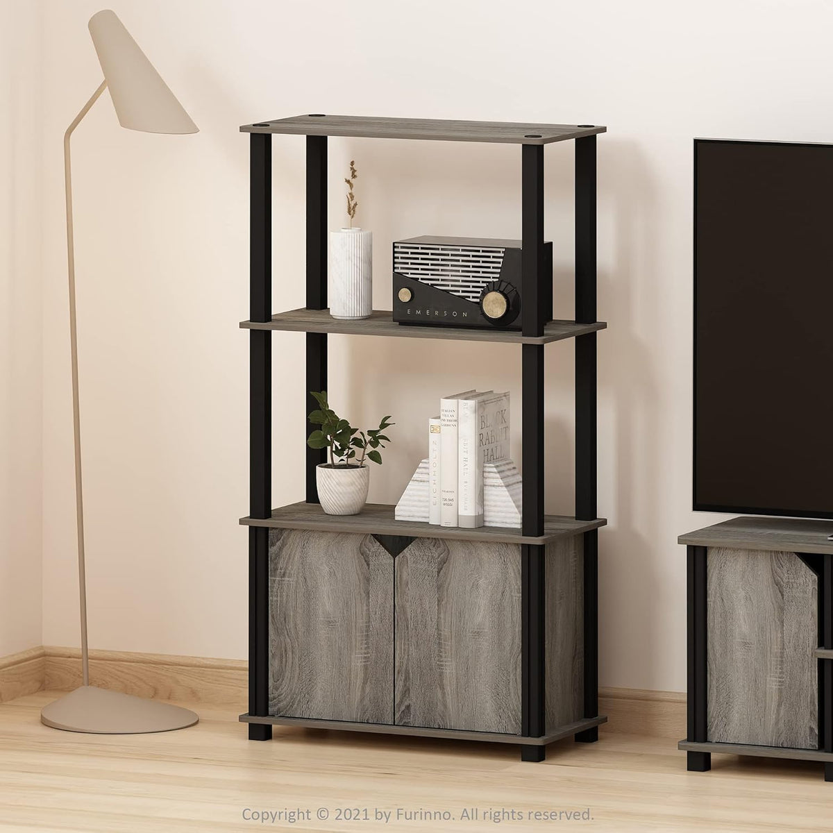 French Oak Grey 4-Tier Bookcase with Door D2539