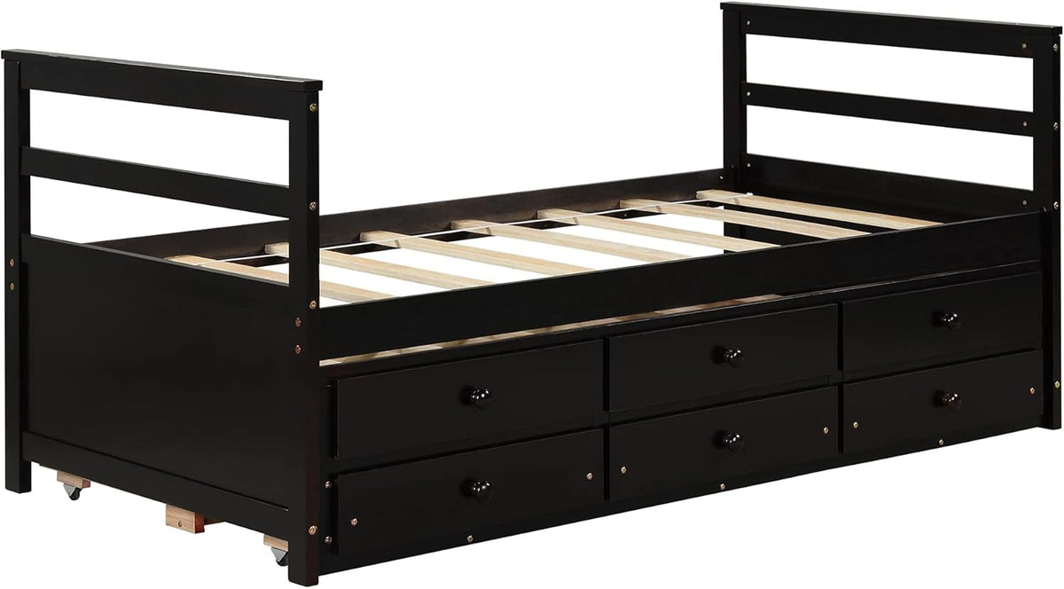 Twin Wood Platform Daybed Frame with Trundle and 3 Storage Drawers H930