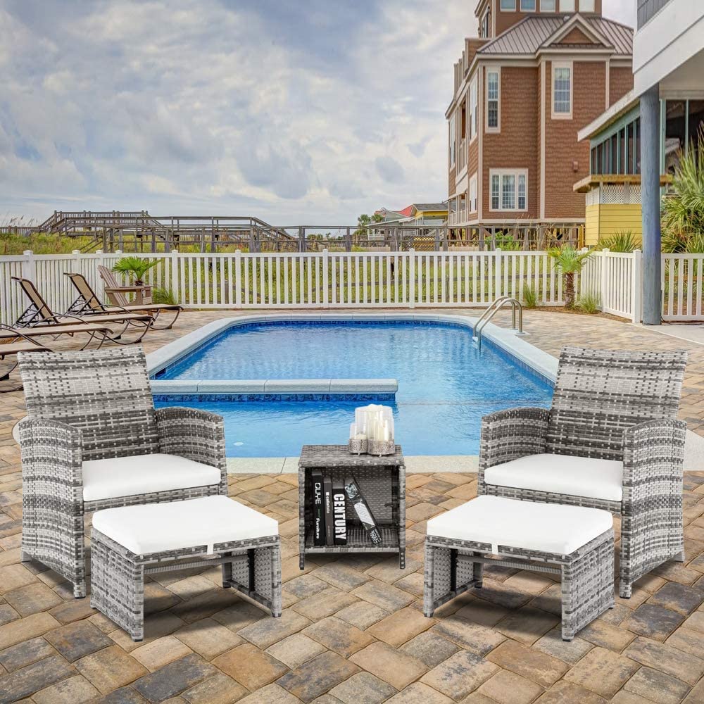 5 PCS Wicker Patio Rattan Cushioned Sofas with Ottoman & Table A845