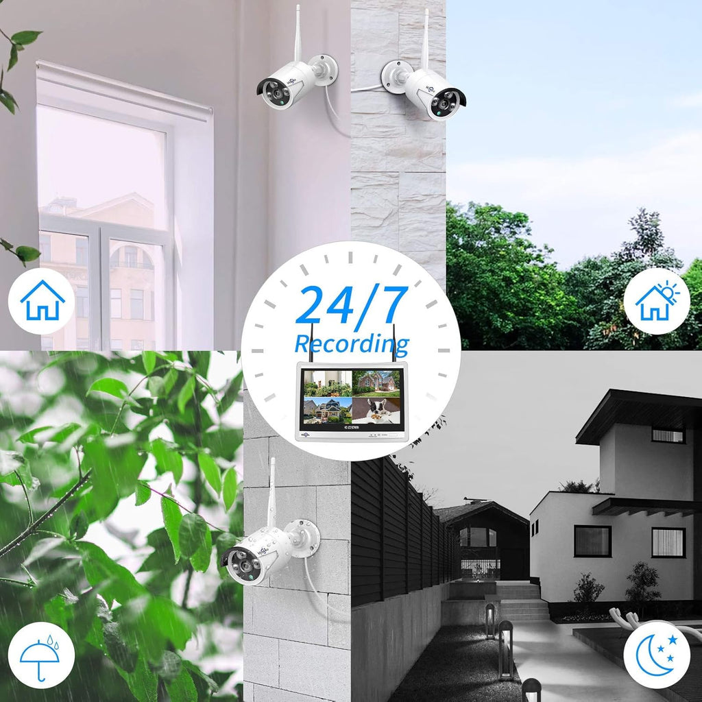 8CH 2K Wireless Security Camera System with 12 LCD Monitor 3TB Hard Drive 4pcs 3MP Outdoor Bullet IP Cameras I425007
