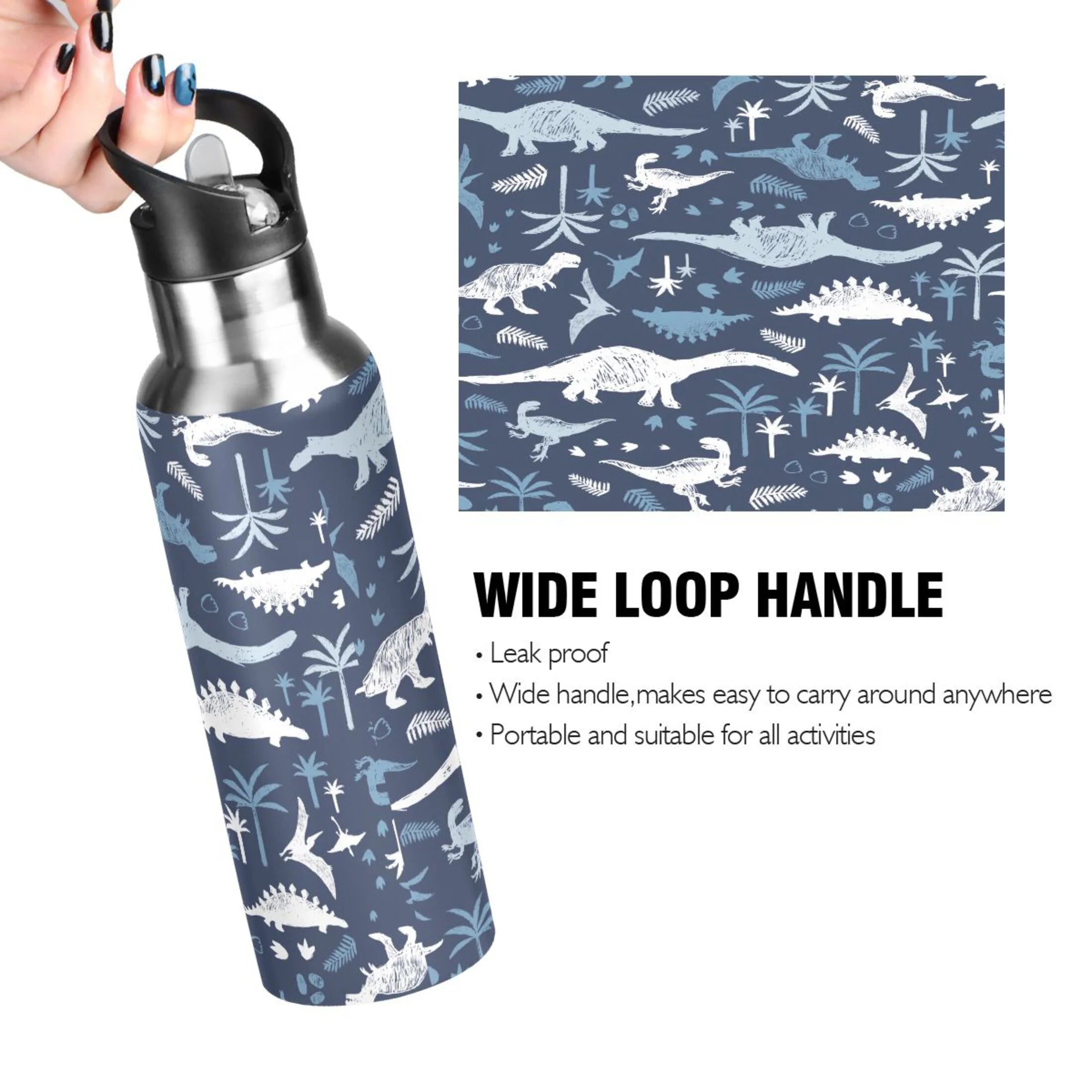 Blue Dinosaur Stainless Steel Insulated Water Bottle with Straw Lid Y88079