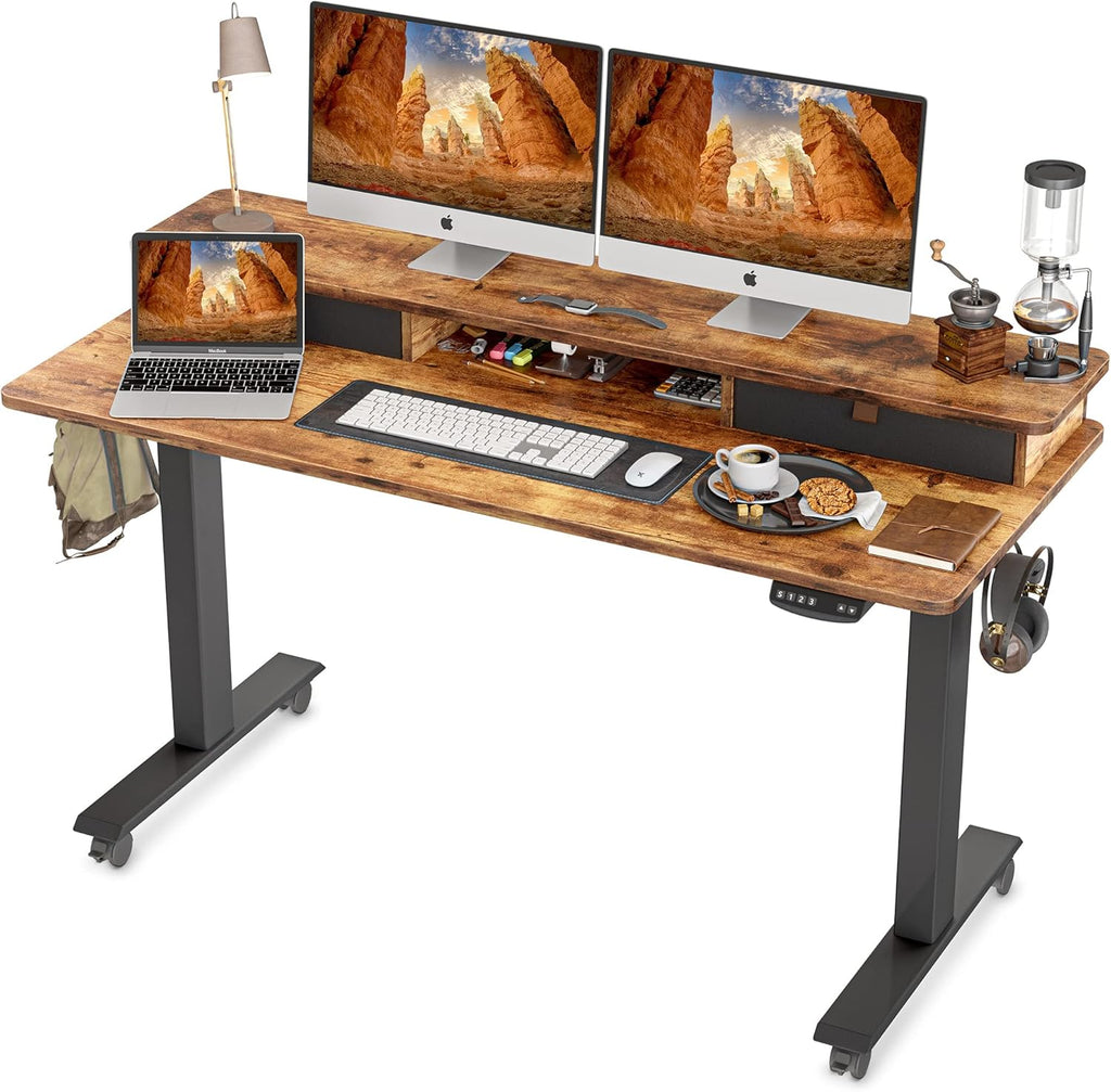 Rustic Brown Black Frame Electric Standing Desk with Double Drawers I317