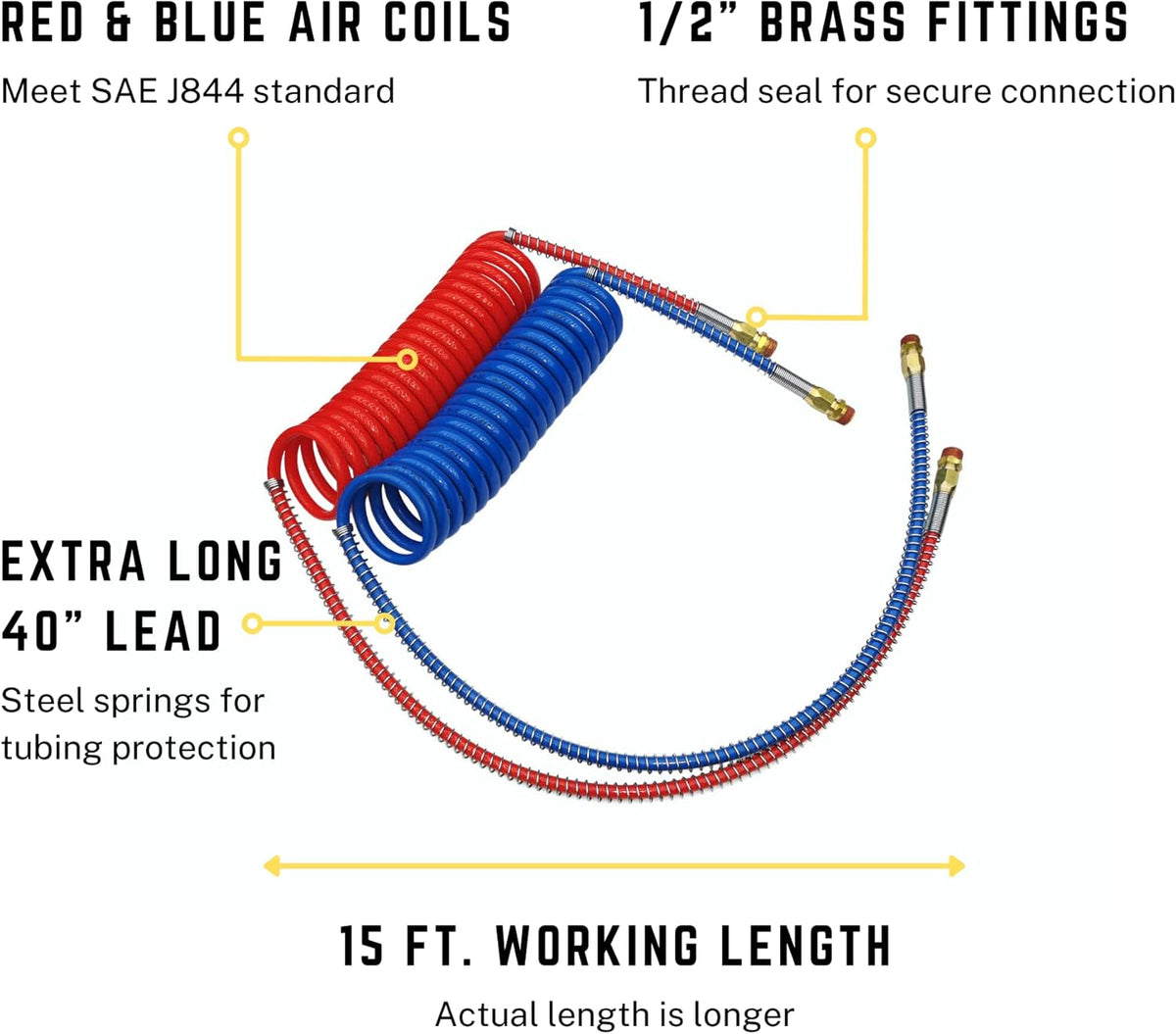 Red & Blue Coiled Air Brake Hoses with 12" & 40" Leads, Pack of 2 H52544
