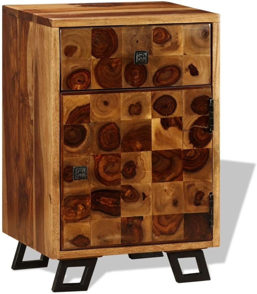 Solid Sheesham Wood Nightstand with Iron Legs and Storage Drawer Q29356