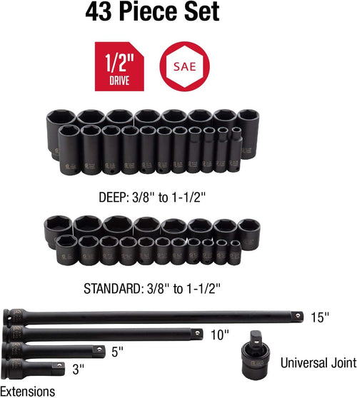 1/2 Inch Drive 43-Piece SAE Impact Socket Set with Heavy Duty Storage Case C928
