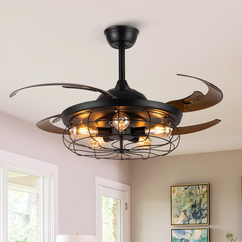 Industrial Ceiling Fan with Light Retractable Black Caged Chandelier 48 Inches F66965