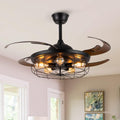 Industrial Ceiling Fan with Light Retractable Black Caged Chandelier 48 Inches F66965