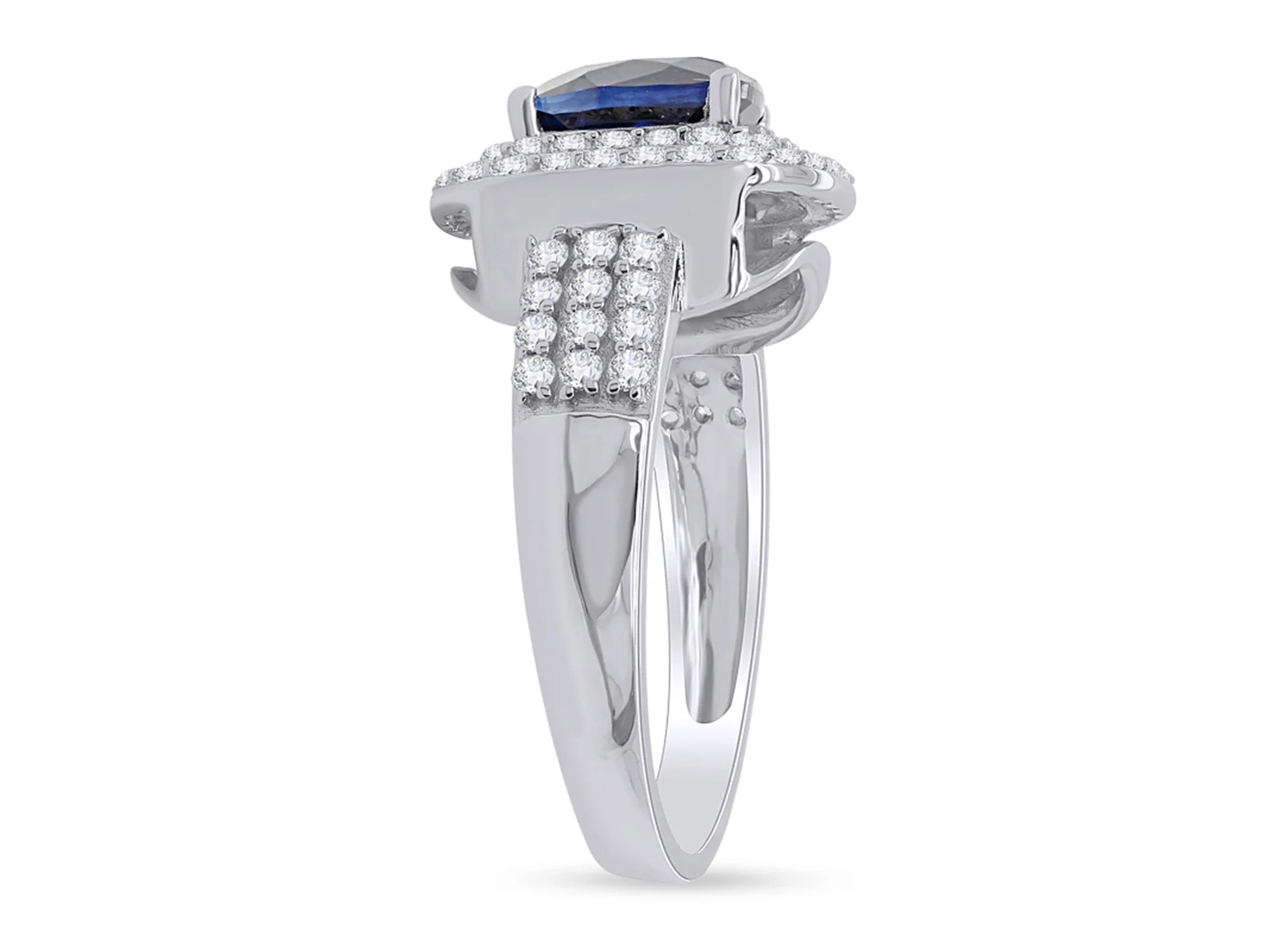 Cushion Cut Blue Sapphire & White Topaz Ring In 14K White Gold Over Sterling Silver (2.69 Cttw) Ring size-4 A71372