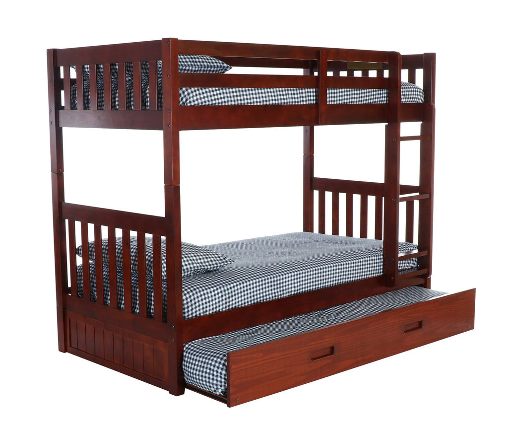 Twin Over Twin Solid Wood Bunk Bed with Trundle in Merlot U134
