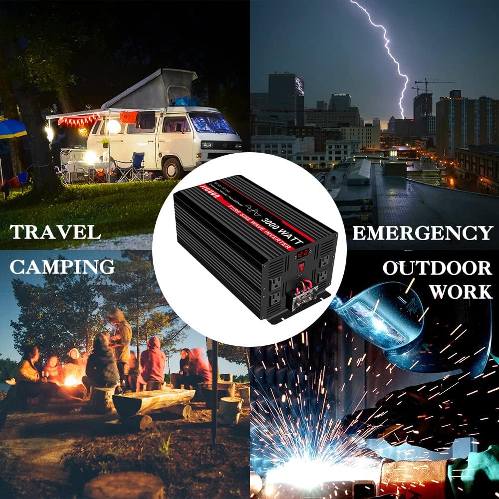 3000 Watt Pure Sine Wave Power Inverter 12V DC to 110V AC with 4 AC Outlets and USB Port B3917