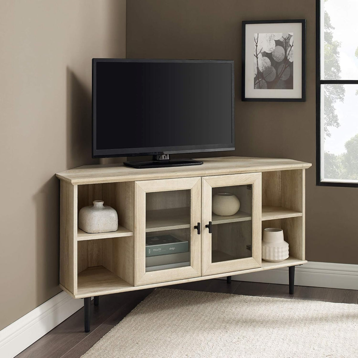 Slate Grey 58 Inch Wood and Glass TV Stand with 2 Cabinet Doors L33832