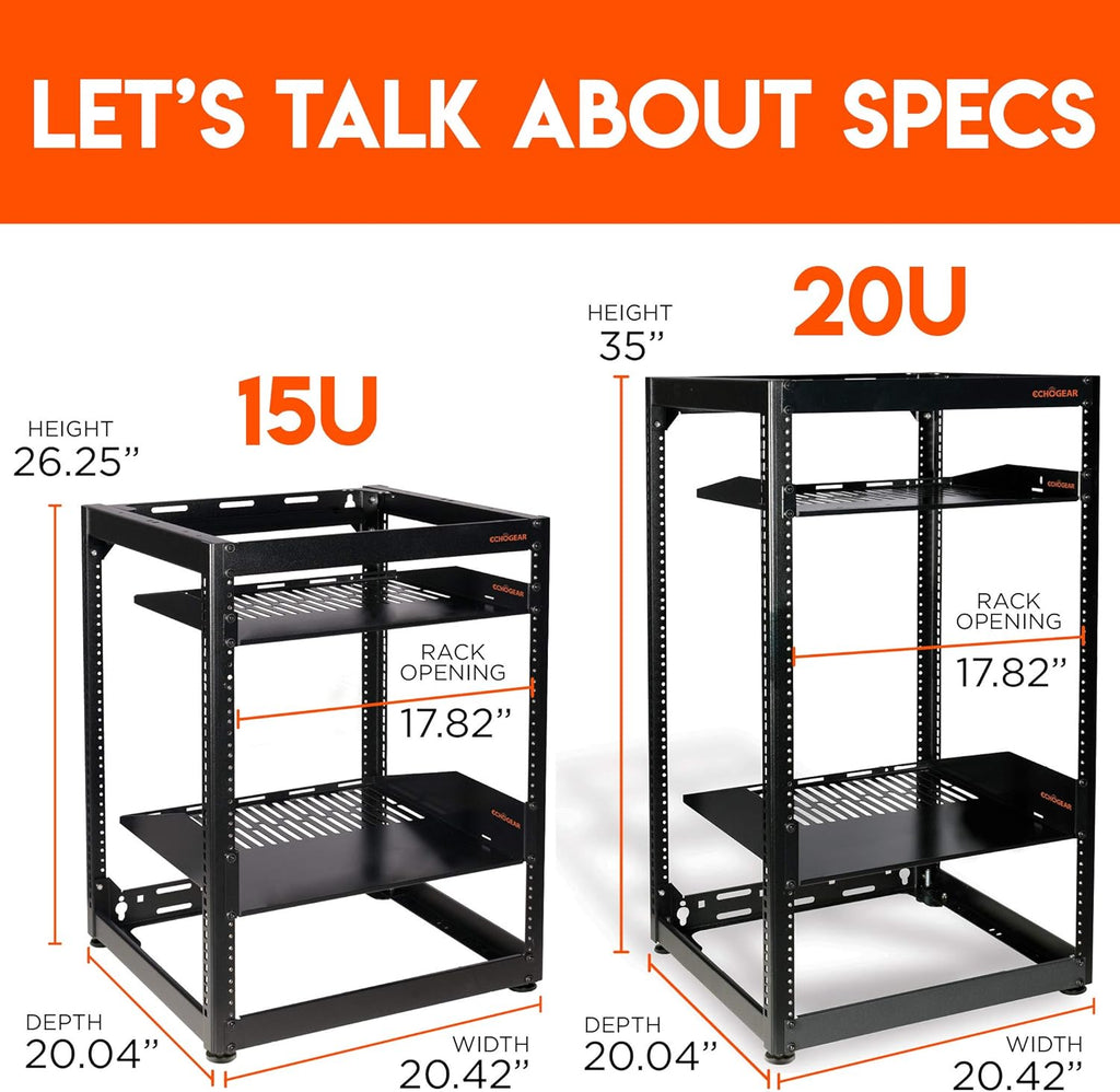15U Open Frame 4 Post Rack with 2 Vented Shelves E34981