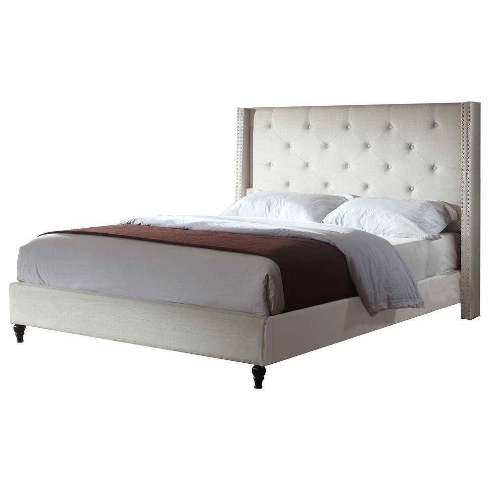 Beige Linen Blend Upholstered Wingback Platform Bed L1970