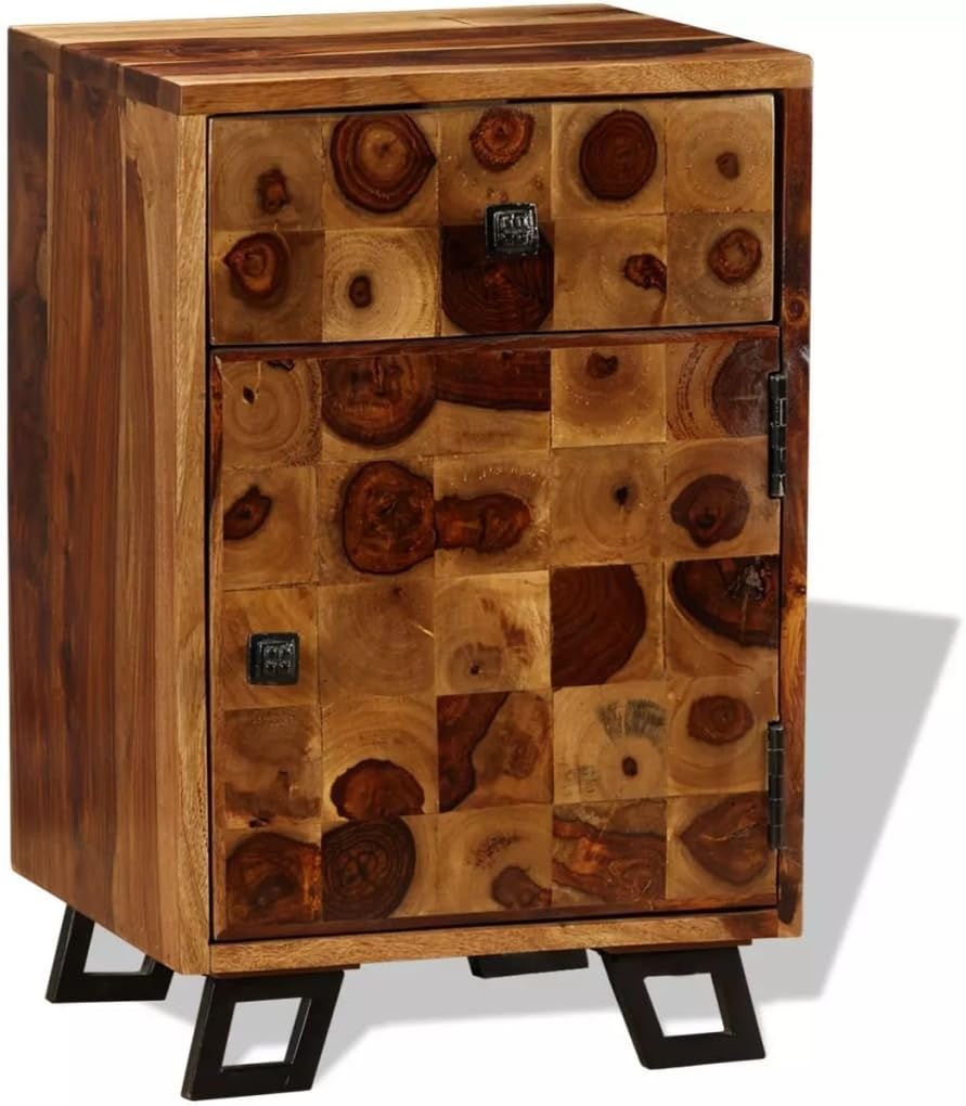 Solid Sheesham Wood Nightstand with Iron Legs and Storage Drawer Q29356