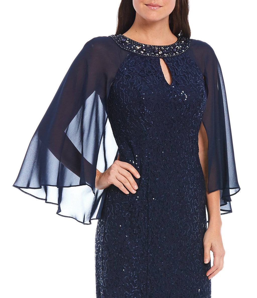 Sequined Cape Gown L396