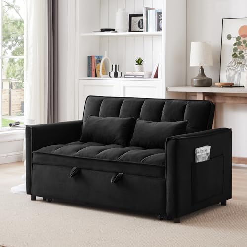 Blue Velvet Double Convertible Sofa Bed with Storage Bag and Pillow Q875800