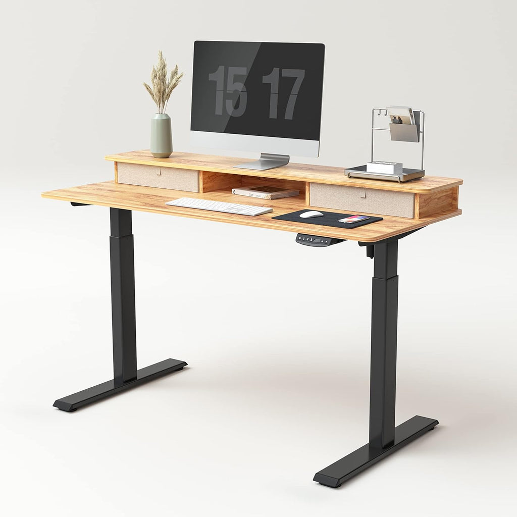 Rustic Brown Black Frame Electric Standing Desk with Double Drawers I317