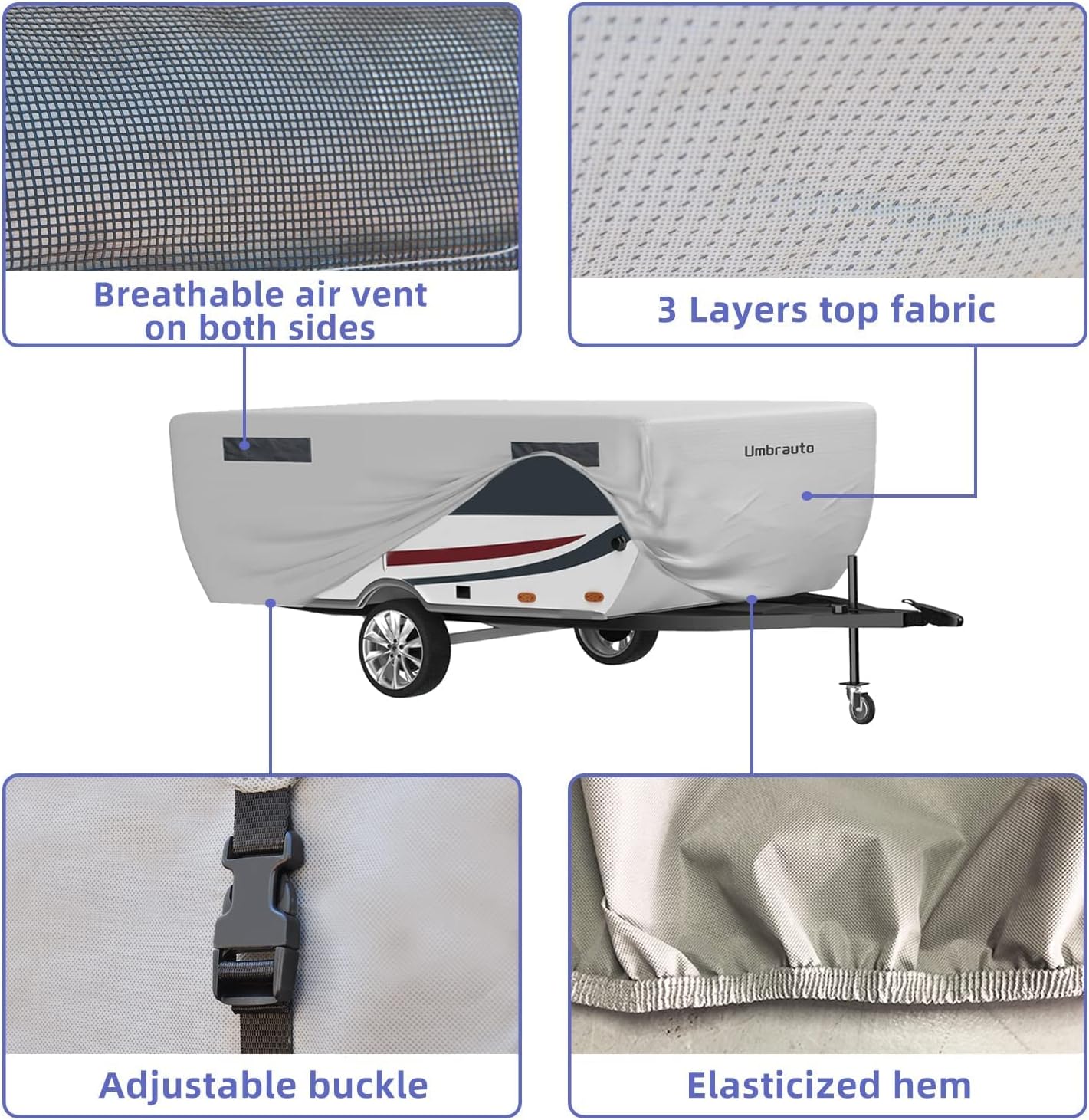 Pop Up Camper Cover Waterproof Ripstop Polypropylene Gray Fits 10' - 12' Trailers Q953