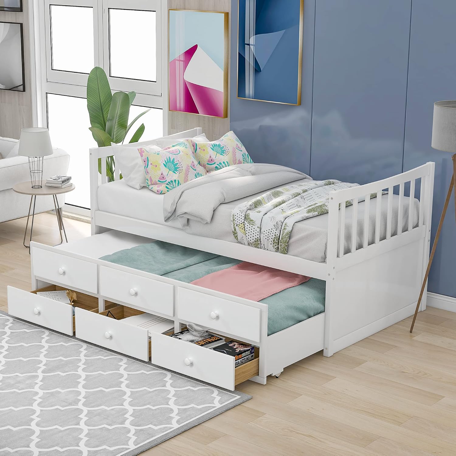 Twin Daybed with Trundle Bed and 3 Storage Drawers White D249
