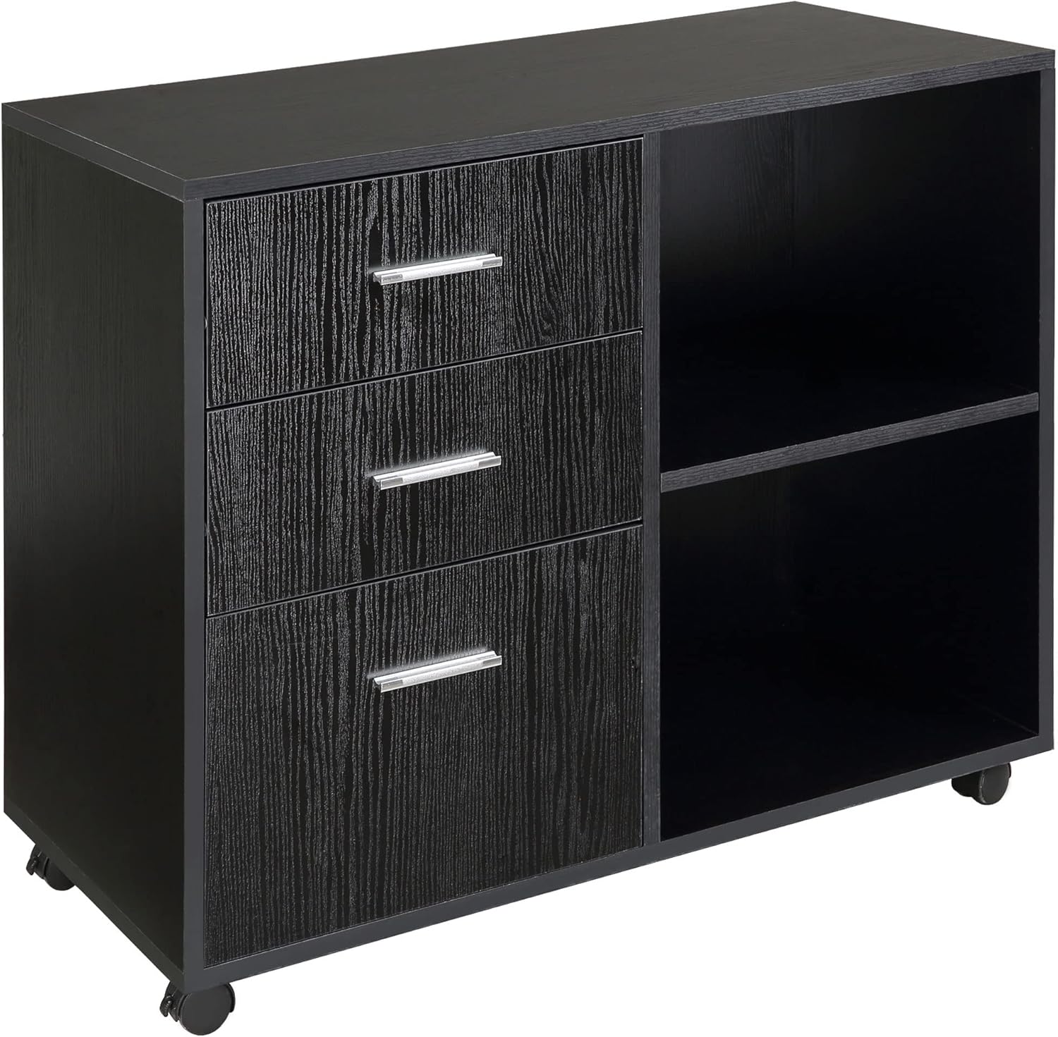 Black 3 Drawer Filing Cabinet with Open Shelving and 4 Caster Wheels J542