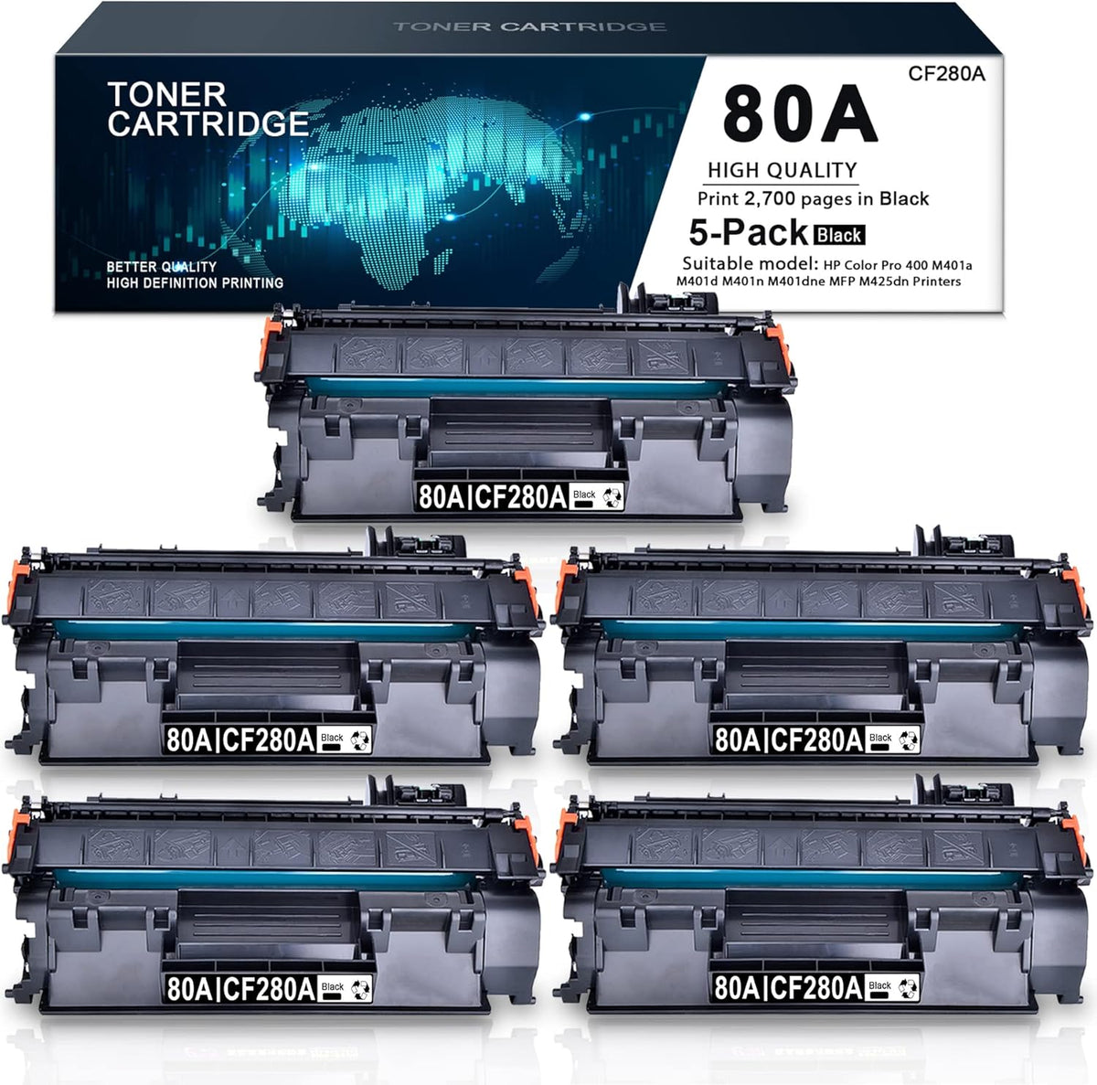 (5 Pack, Black) Compatible Toner Cartridge 80A S687
