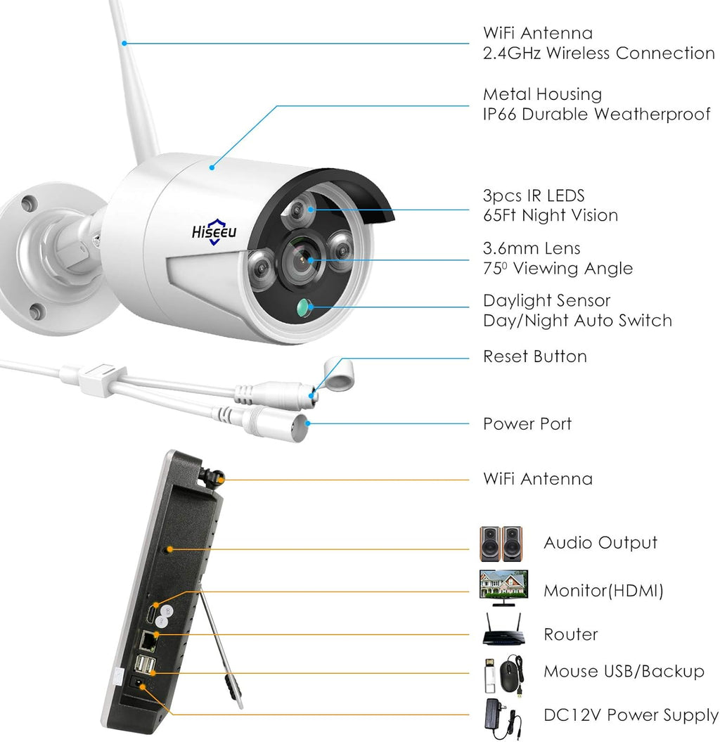 8CH 2K Wireless Security Camera System with 12 LCD Monitor 3TB Hard Drive 4pcs 3MP Outdoor Bullet IP Cameras I425007