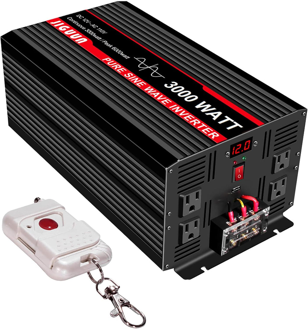 3000 Watt Pure Sine Wave Power Inverter 12V DC to 110V AC with 4 AC Outlets and USB Port B3917