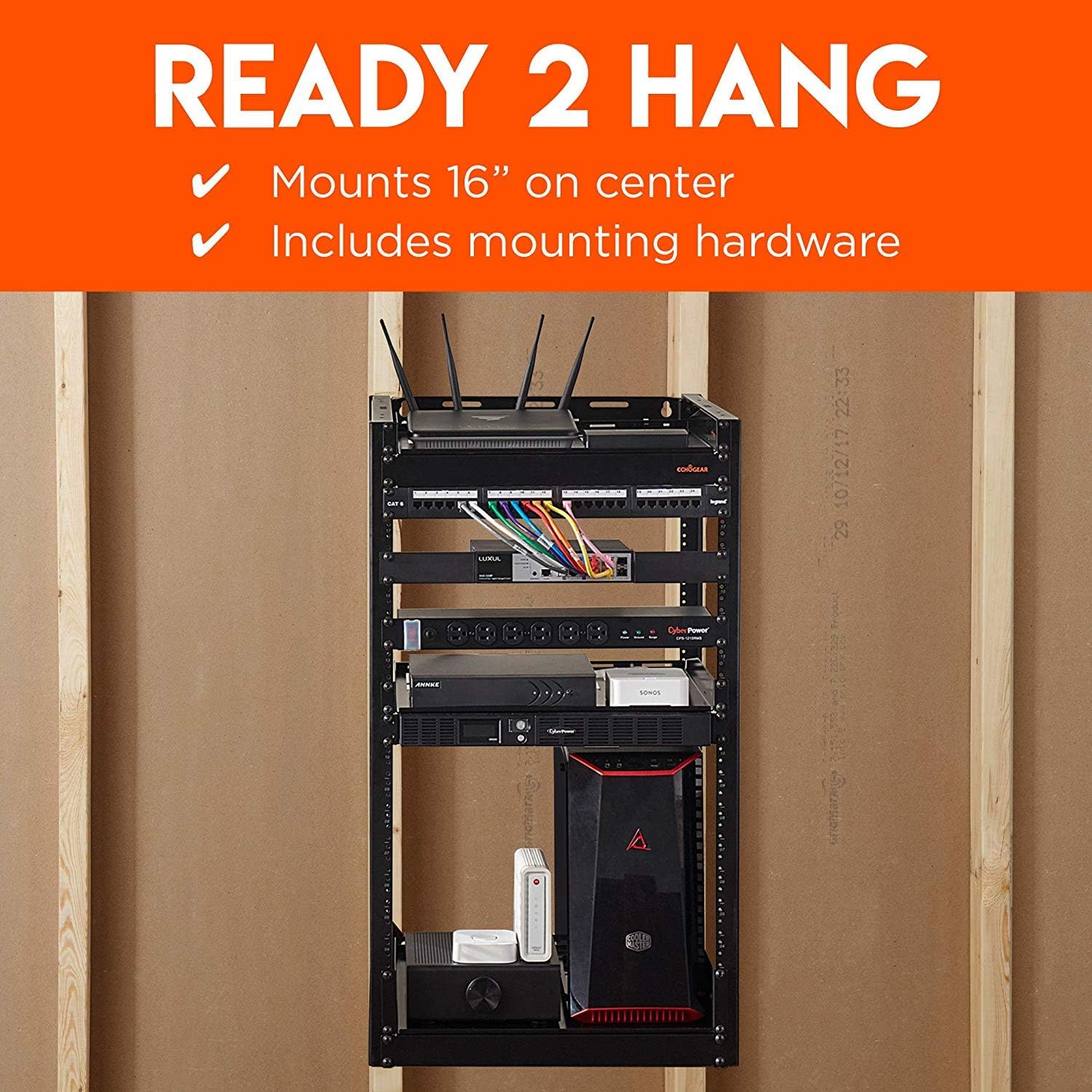 15U Open Frame 4 Post Rack with 2 Vented Shelves E34981