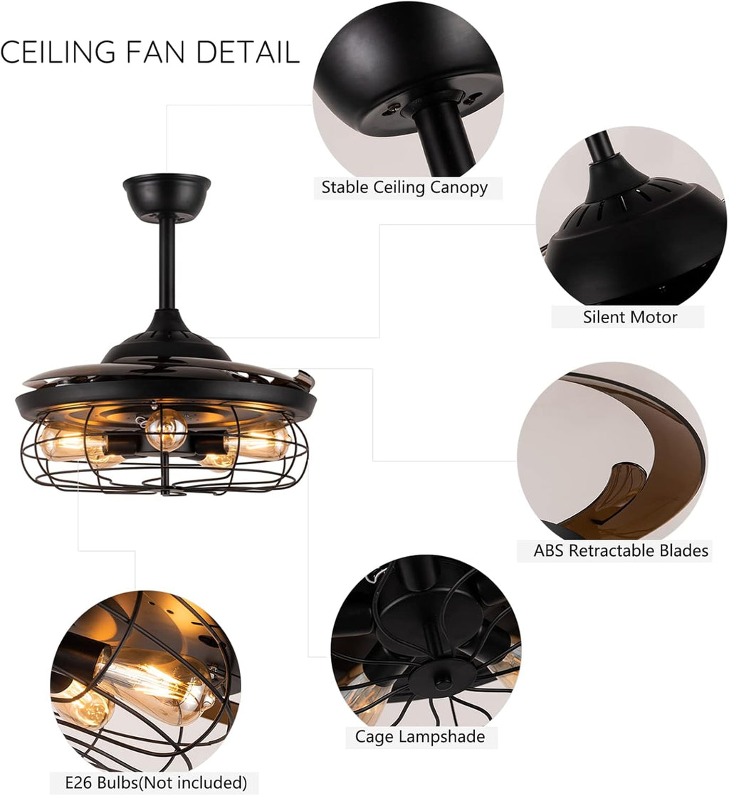 Industrial Ceiling Fan with Light Retractable Black Caged Chandelier 48 Inches F66965