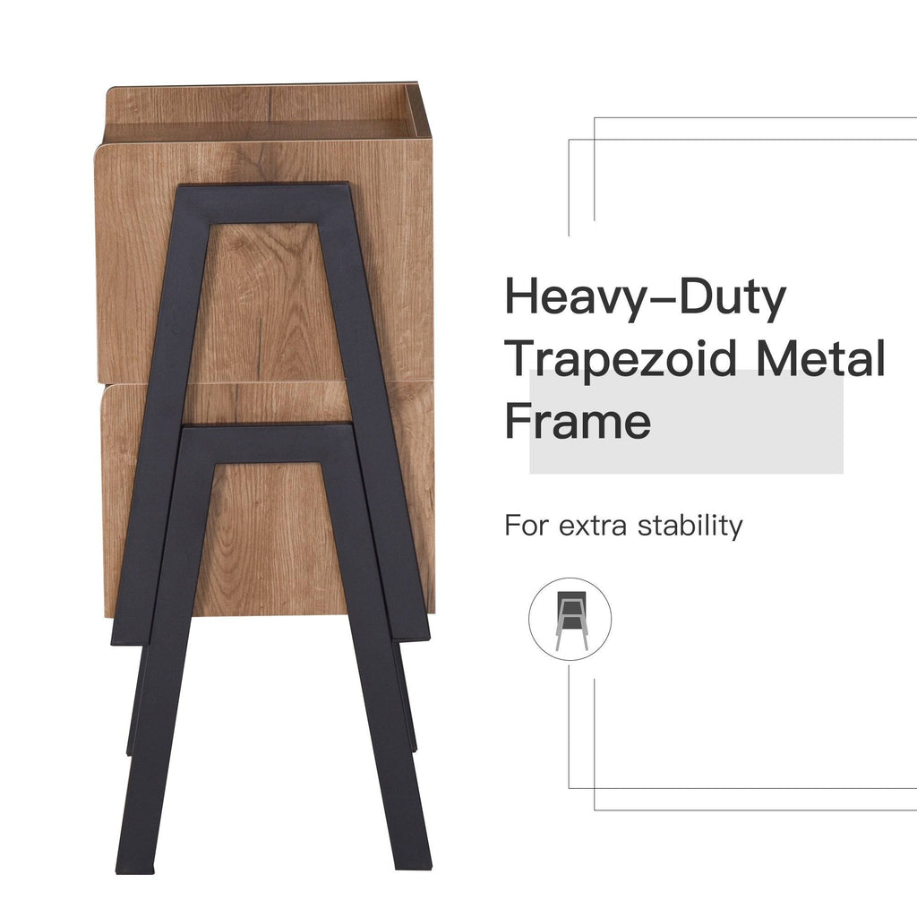 Industrial Set of 2 Stackable Side Tables with Solid Steel Frame Legs, Oak E1314