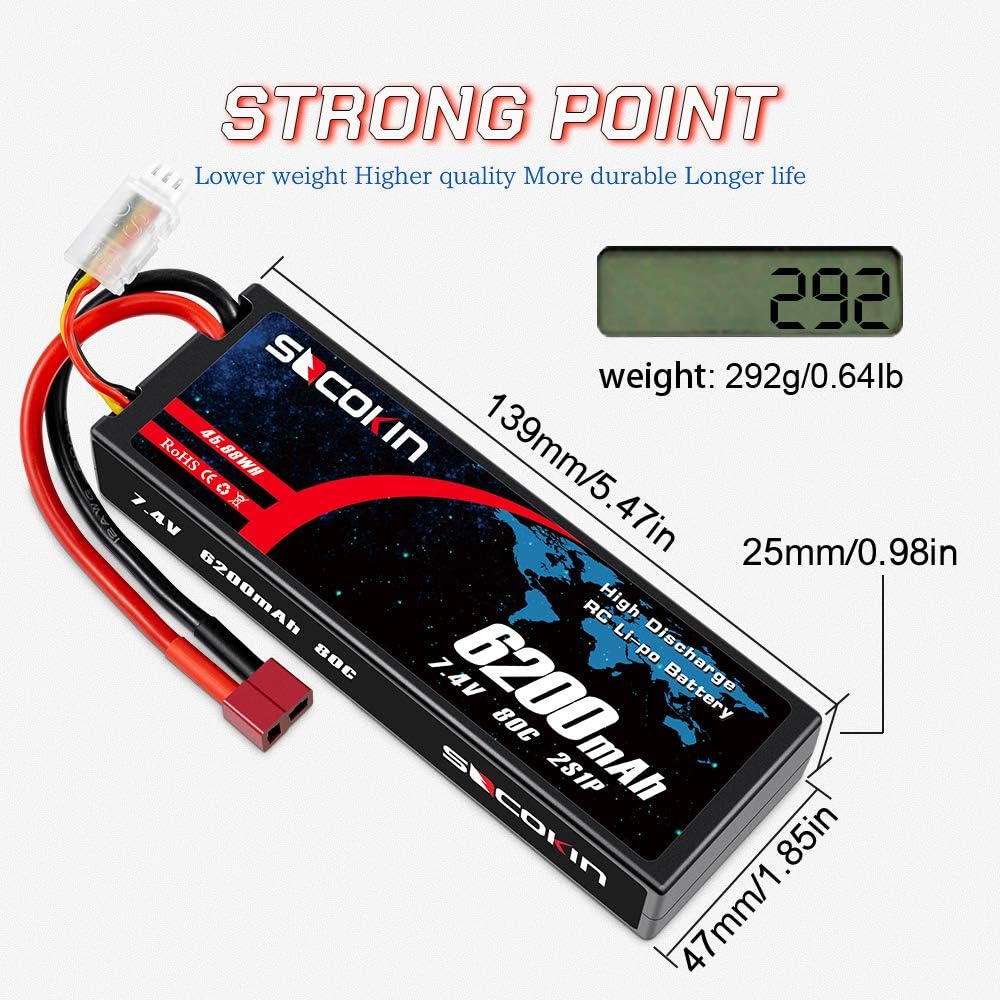 2 Pack 7.4V 2S 6200mAh 80C Hard Case Lipo Battery with Deans T F218