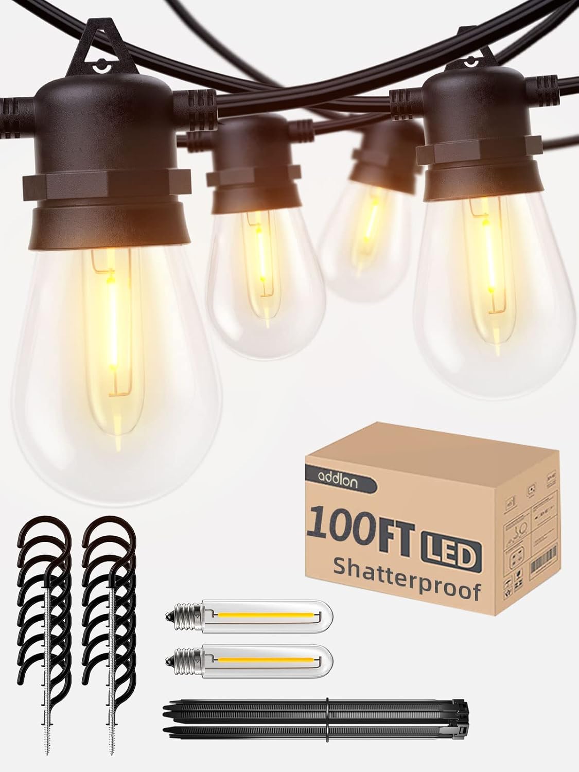 Outdoor String Lights 100FT (50FT*2) with Commercial Grade LED Dimmable Edison Vintage Shatterproof Bulbs, Weatherproof Strand O941