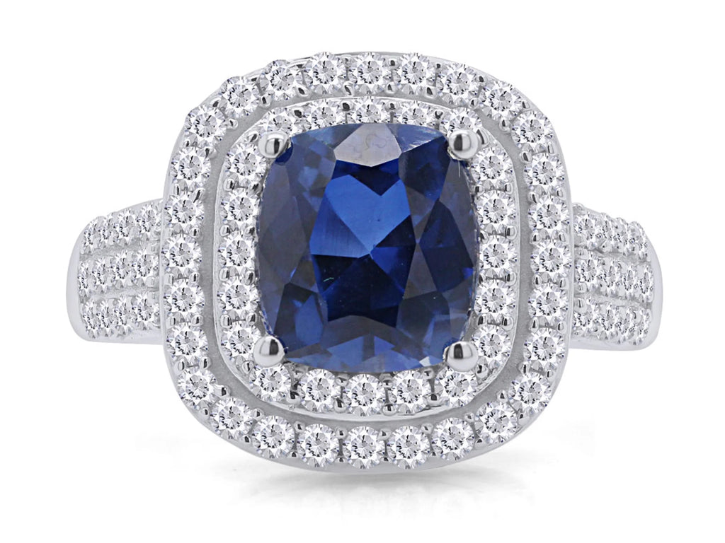 Cushion Cut Blue Sapphire & White Topaz Ring In 14K White Gold Over Sterling Silver (2.69 Cttw) Ring size-4 A71372