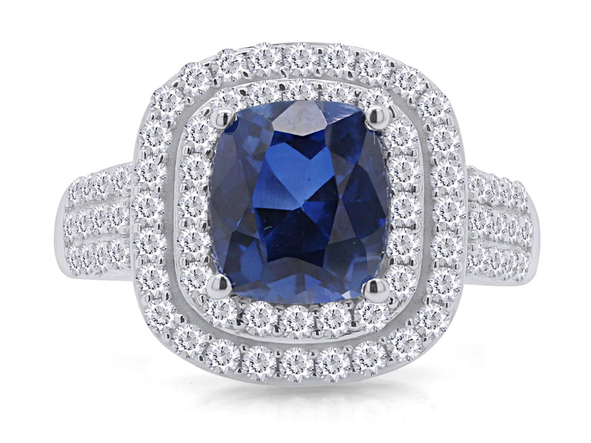 Cushion Cut Blue Sapphire & White Topaz Ring In 14K White Gold Over Sterling Silver (2.69 Cttw) Ring size-4 A71372