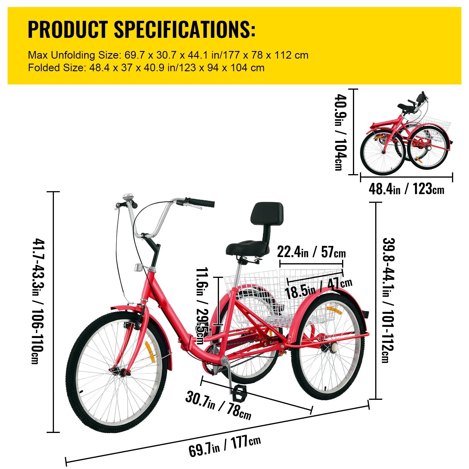 Foldable Adult Tricycle 24'' Wheels 1-Speed 3 Wheel Bikes L5383