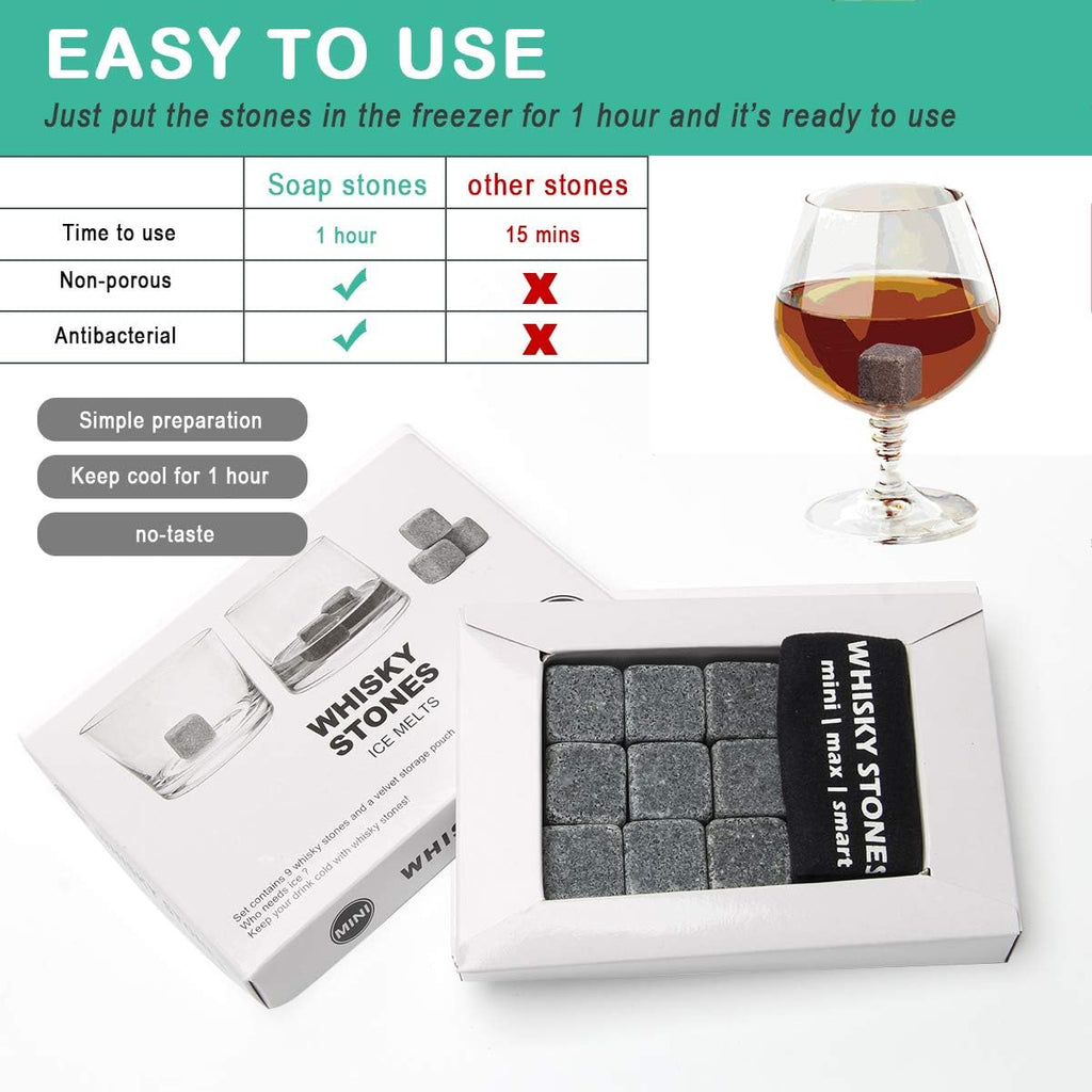 Whiskey Stones, 9 pcs Reusable Ice Cubes, Grey Chilling Stone with Velvet Carrying Pouch, Gift Set Pack of 2 X858655