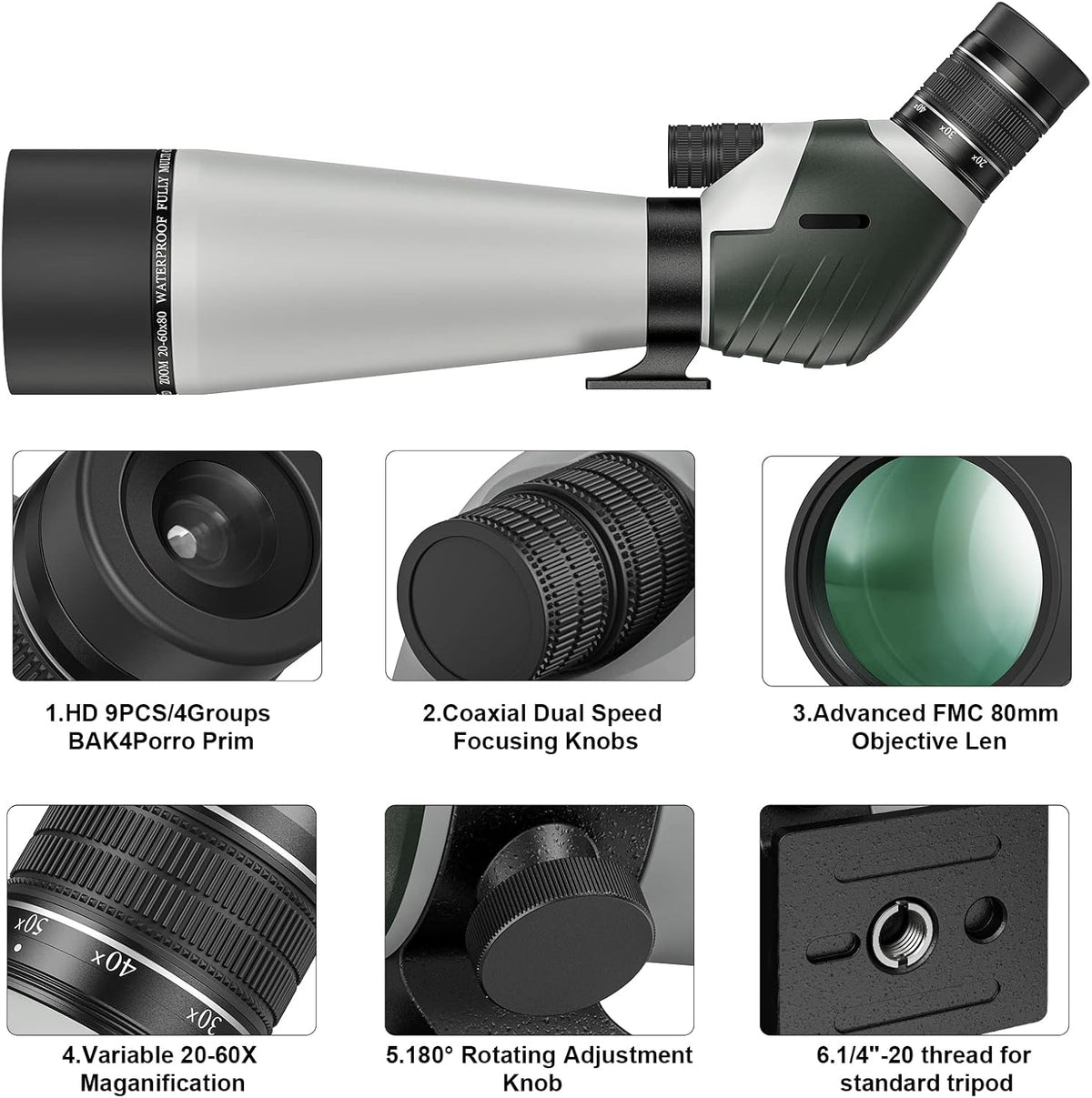 20-60X80 Spotting Scope with Tripod, Carry Bag, Dual Focusing and 24MM Big Eyepiece Q945