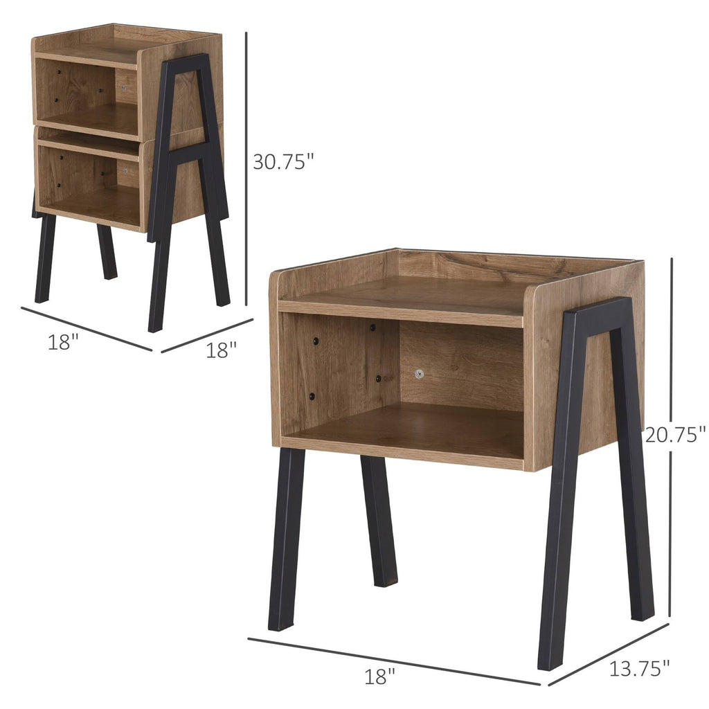 Industrial Set of 2 Stackable Side Tables with Solid Steel Frame Legs, Oak E1314