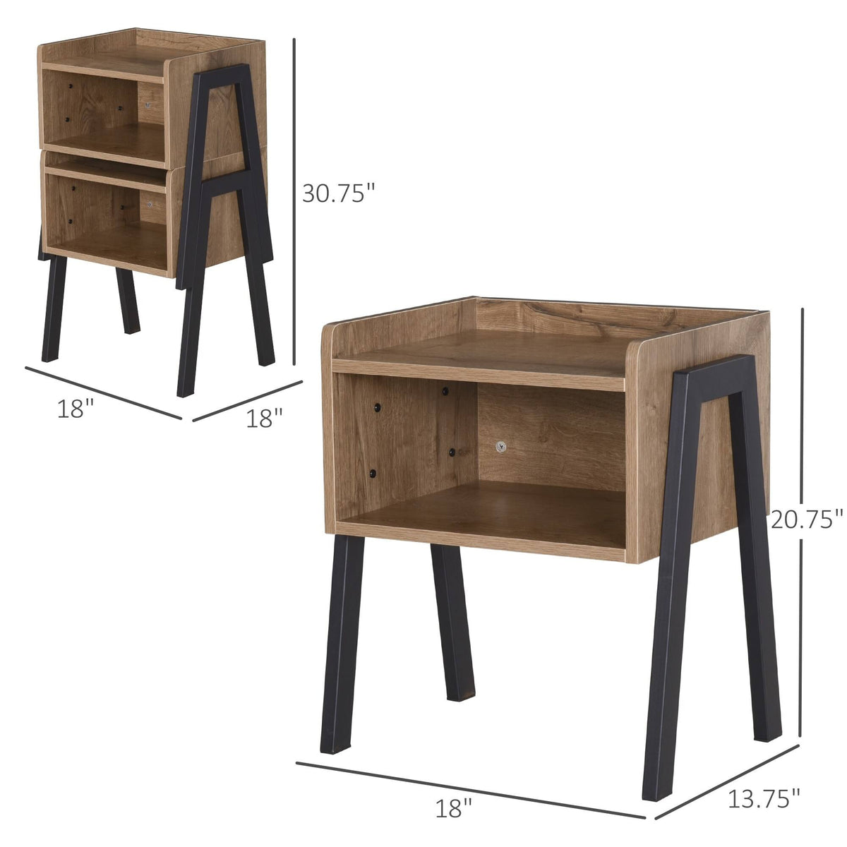 Industrial Set of 2 Stackable Side Tables with Solid Steel Frame Legs, Oak E1314