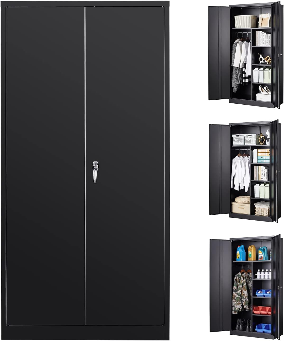 Black Steel Storage Cabinet with Locking Door and 4 Adjustable Shelves H17654