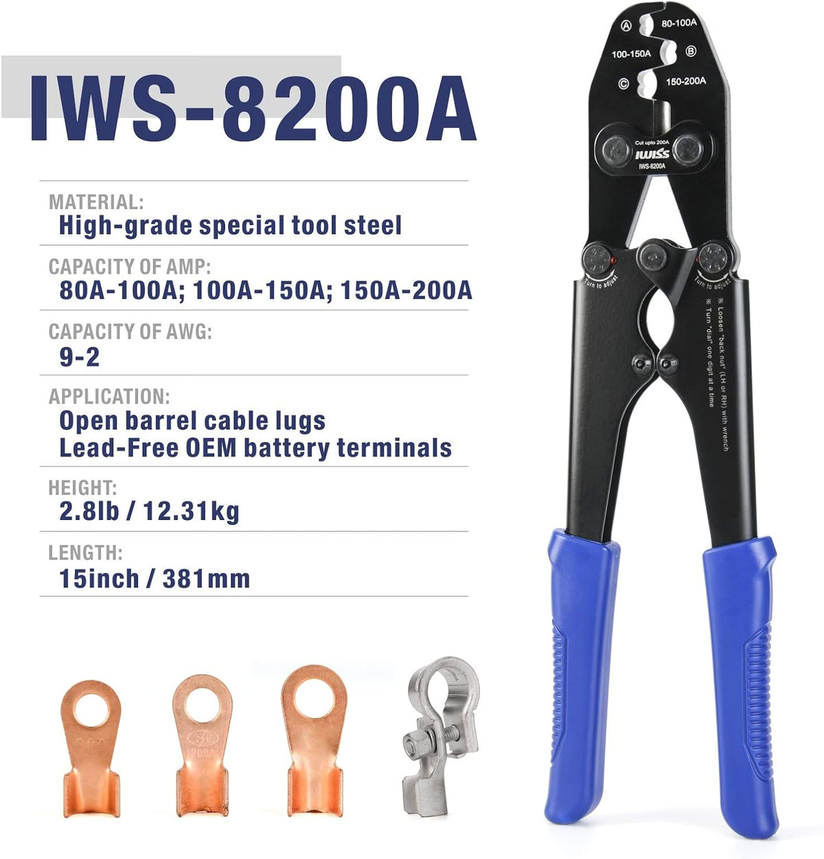 Battery Cable Lug Crimping Tool for Open Barrel Lug, AWG 16-4 Y89040