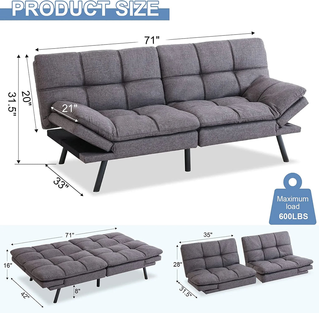 Memory Foam Futon Sofa Bed with Removable Armrests S781