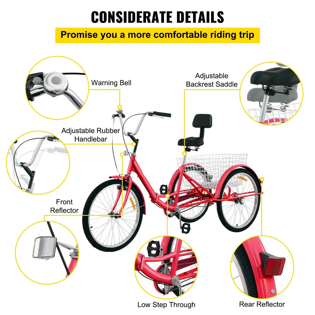 Foldable Adult Tricycle 24'' Wheels 1-Speed 3 Wheel Bikes L5383