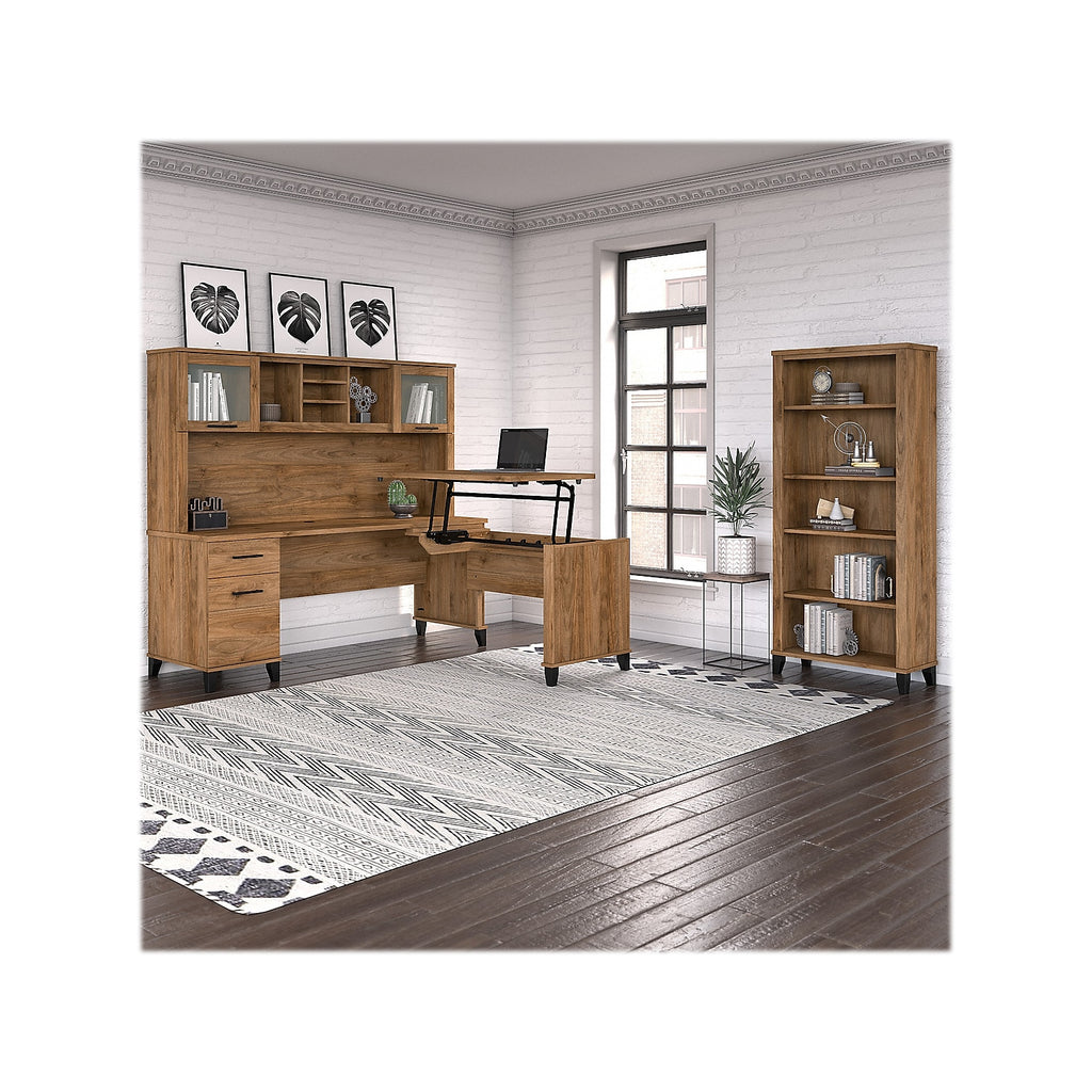 Fresh Walnut Sit to Stand L Desk Set with Bookcase H1228