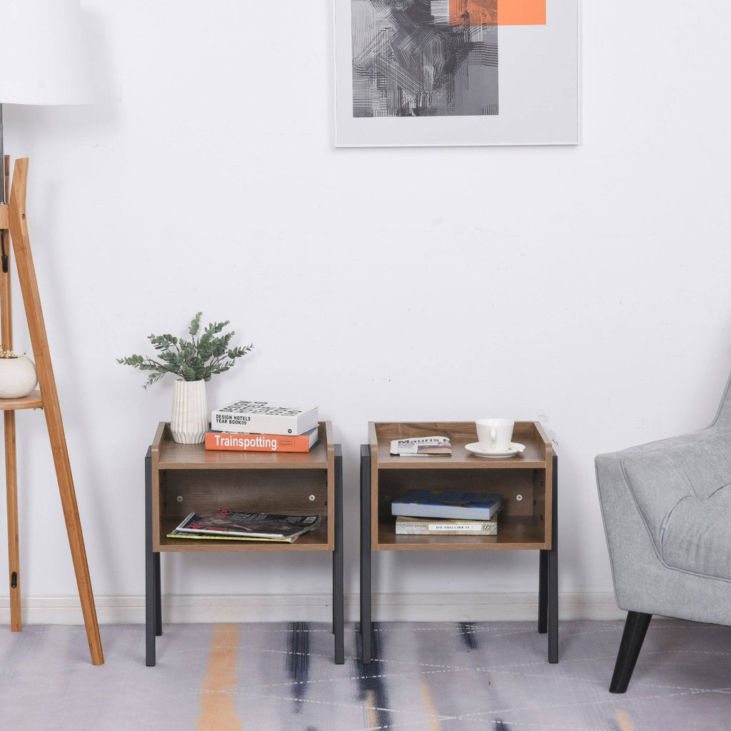 Industrial Set of 2 Stackable Side Tables with Solid Steel Frame Legs, Oak E1314