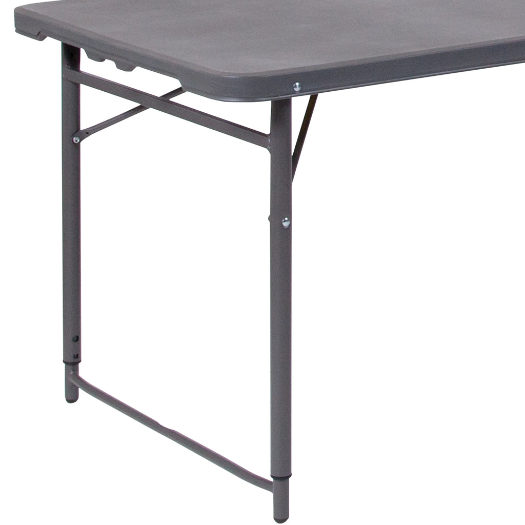 4-Foot Height Adjustable Dark Gray Plastic Folding Table with Carrying Handle E8367
