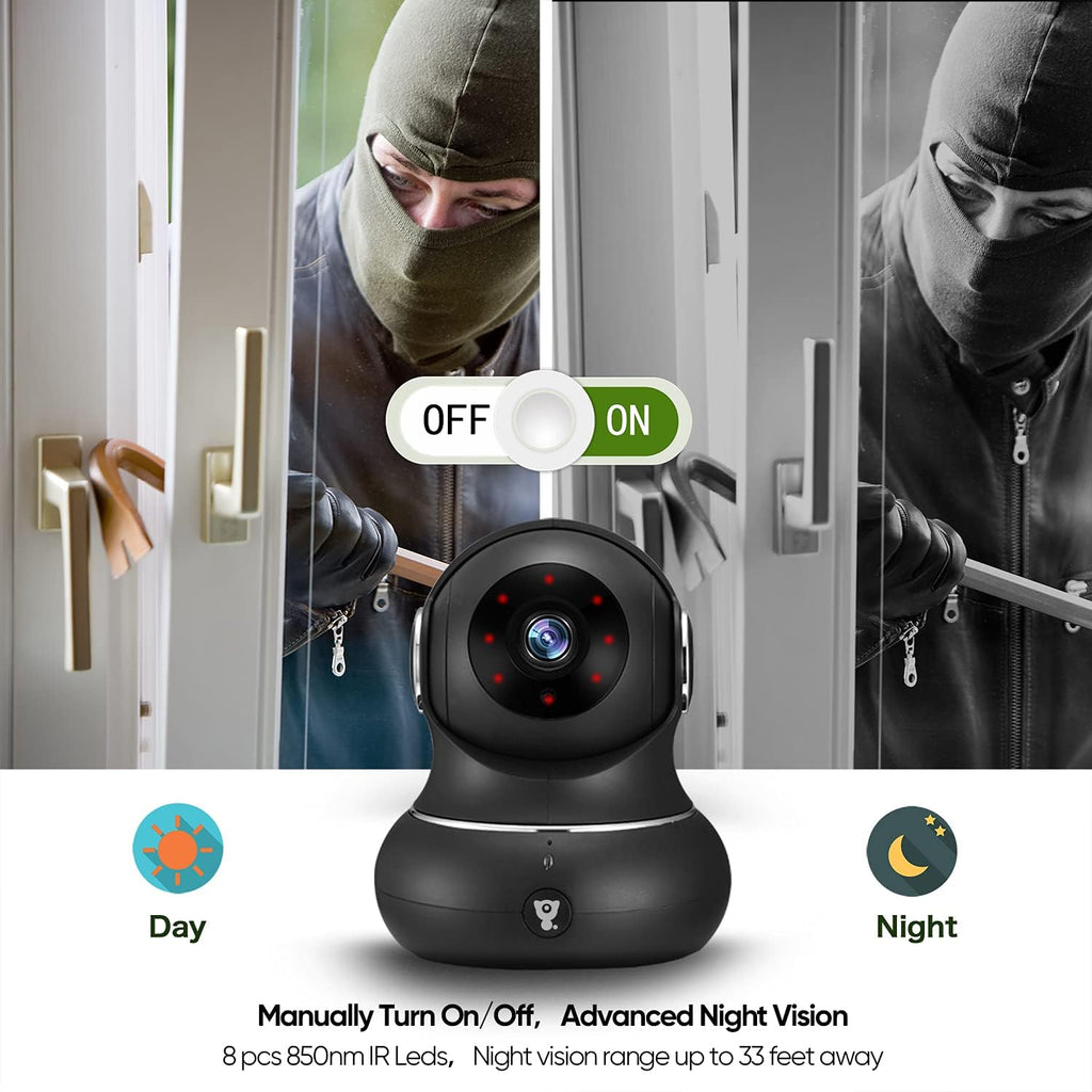 Indoor Security Camera, 1080P WiFi Camera with Motion Detection, Night Vision, 2-Way Audio, 360 Degree Black Y568898