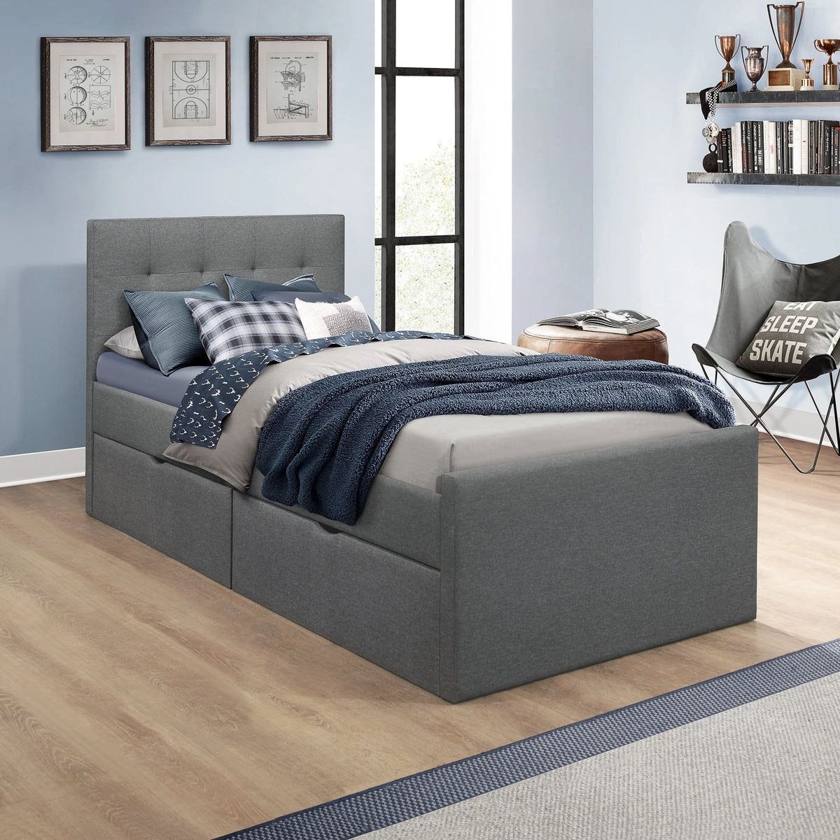 Gray Upholstered Twin Platform Bed with 2 Storage Drawers B6361